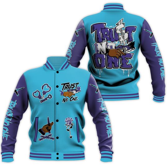 Discover Retro Aqua 6s Varsity Jacket, Trust No One Dripping All Over Print Letterman Jackets