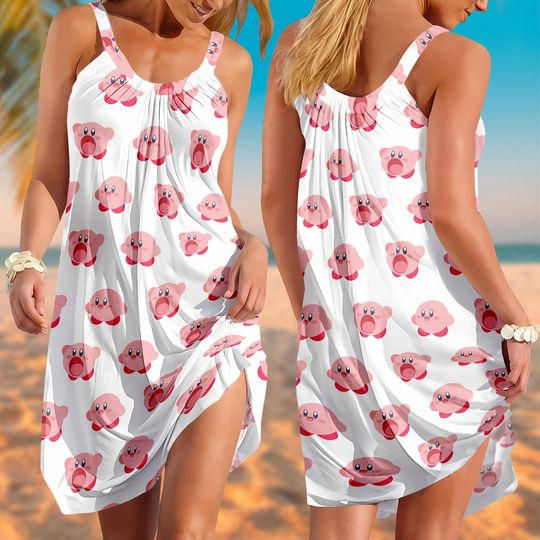 Discover Cute Kirby Cartoon Summer Dress, Pink Video Game Character Sundress