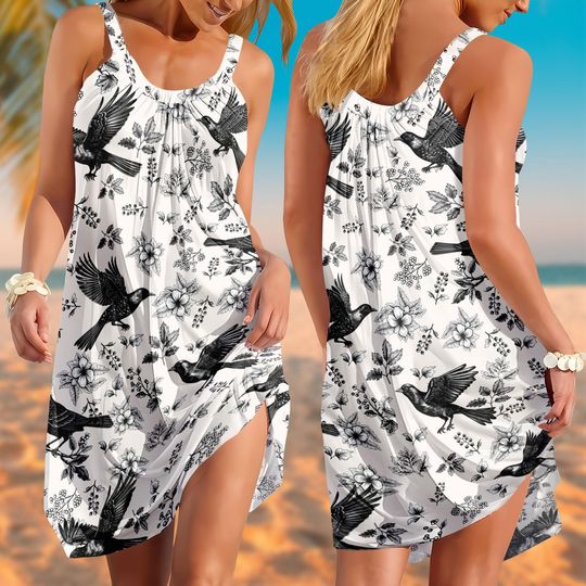 Discover Bird Sling Summer Dress, Floral Bird Sketch Print Sundress
