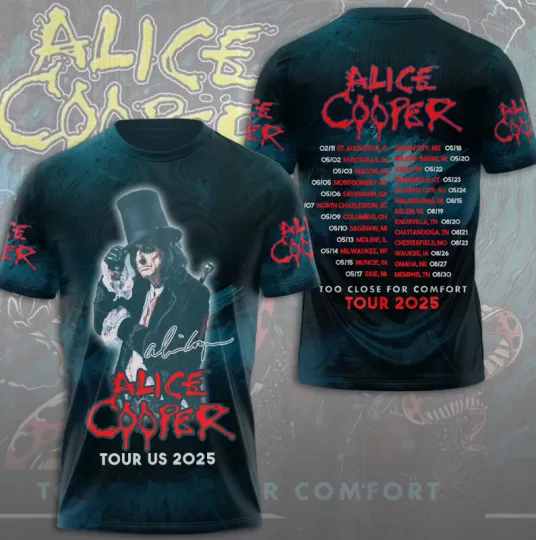 Discover Alice Cooper Tour 2025 Too Close For Comfort 3D T-Shirt, Gift For Fans