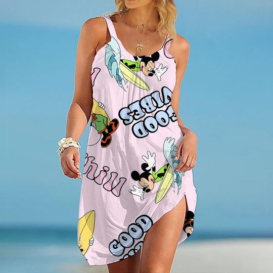 Discover Sling Summer Woman Beach Boho Disneyyy Loose Print Mickeyy Fashion Elegant Dress