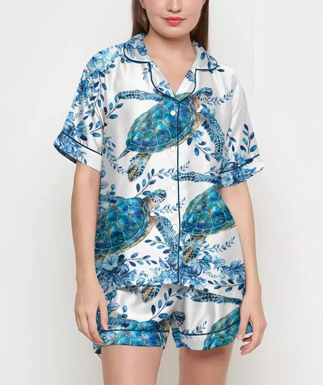 Discover Mom Birthday Gift, Sea Turtle Floral Pajamas Satin Set