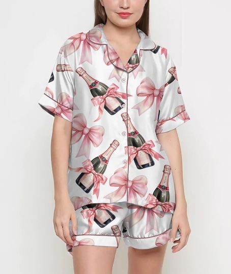 Discover Coquette Champagne Pajamas Satin Set, Pink Bows