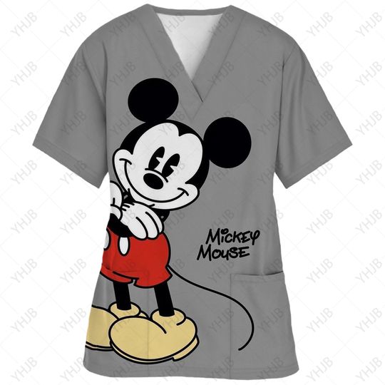 Discover Nurse Scrub Top: Women's Short Sleeve V-Neck Mickeyy mouse Print