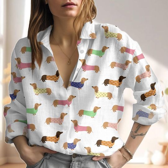 Discover Dachshund Dog Linen-Look Shirt, Dog Aloha Blouses Shirt