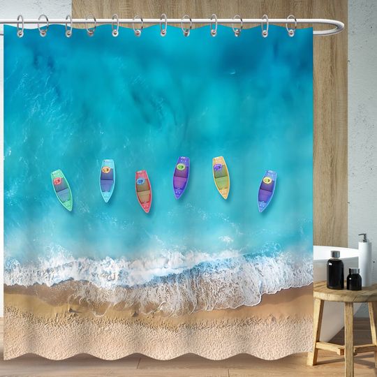 Discover Summer sunny beach art Shower Curtains, Sea surfing Bathroom Curtains Minimalist Bath Decor, Waterproof Plastic Curtain With 12 Hook
