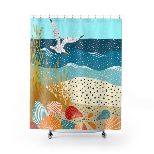 Discover Whimsical Seagull Shower Curtain, Fun Coastal Shower Curtain, Boho Coastal Shower Curtain, Seagull Shower Curtain, Teal Blue Shower Curtain