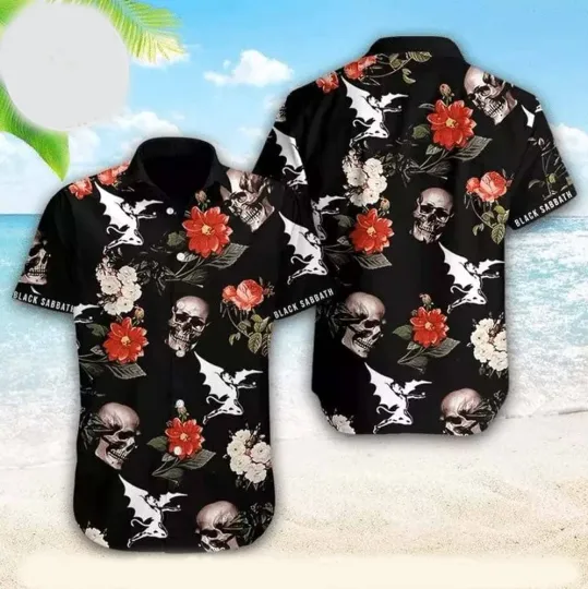 Discover Black Sabbath Skull With Flower Black Background Summer 2025 Hawaiian Shirt