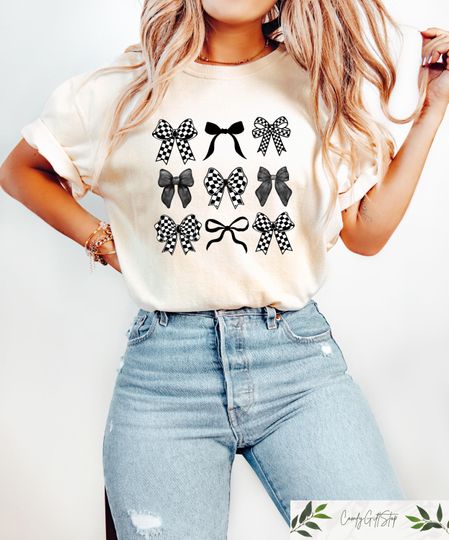 Discover Retro Cmfort Checkered Bow T-shirt, Coquette Bow Shirt