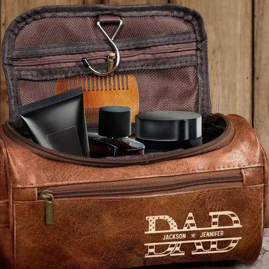 Discover Dad We Love You With Kids Names - Personalized Leather Toiletry Bag