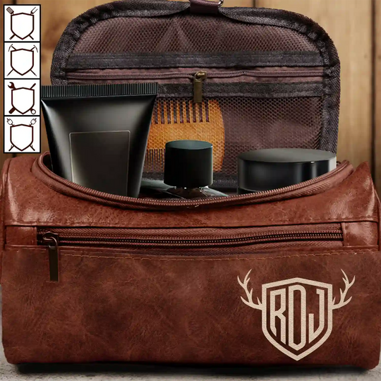 Discover Shield Monogram 2 And 3 Letters - Personalized Leather Toiletry Bag