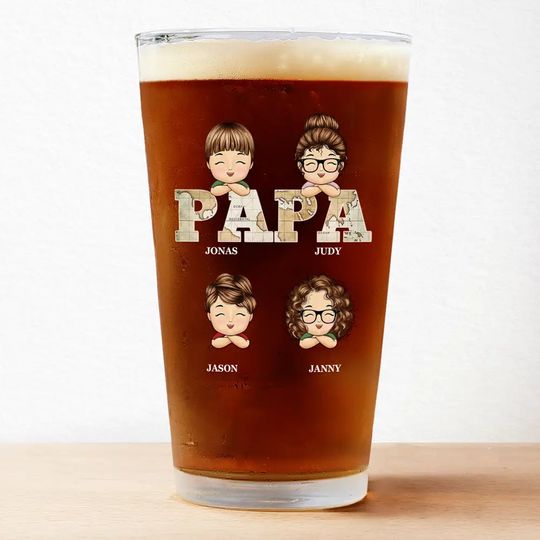 Discover Vintage Map Titles Chibi Kids - Personalized Beer Glass
