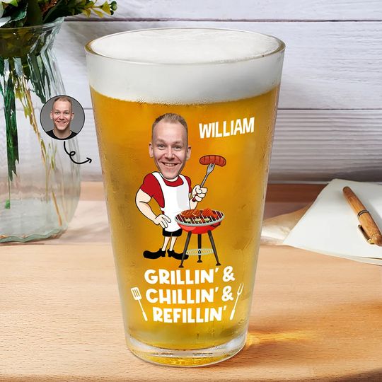 Discover Custom Photo Grillin' Chillin' Refillin' - Personalized Beer Glass