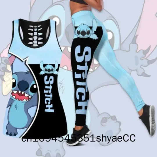 Discover 2025 Disneyyy Stitchh Women's Hollow Tank Top Legging Set Summer Fitness Tracksuit
