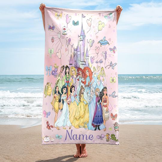 Discover Personalized Disneyyy Princess Beach Towel, Custom Watercolor Castle Coquette bows Beach Towel, Birthday Gift