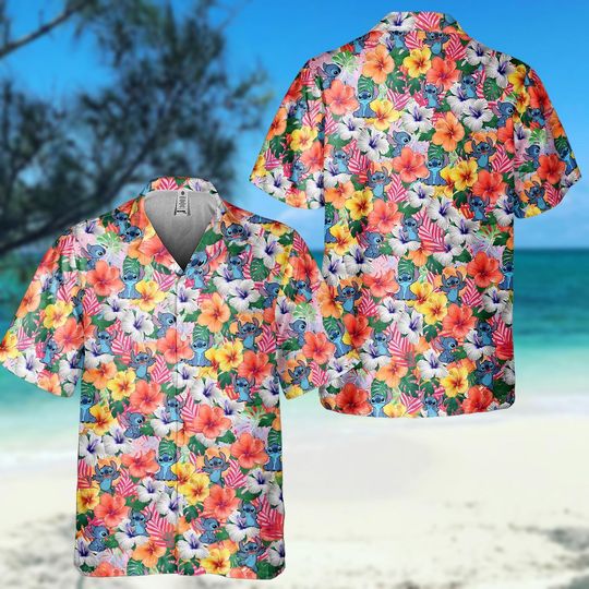 Discover Stitchh Tropical Floral Hawaiian Shirt, Disneyyy Aloha Shirt , Stitchh Movie Button Shirt, Summer Beach Cartoon Vacation Shirt