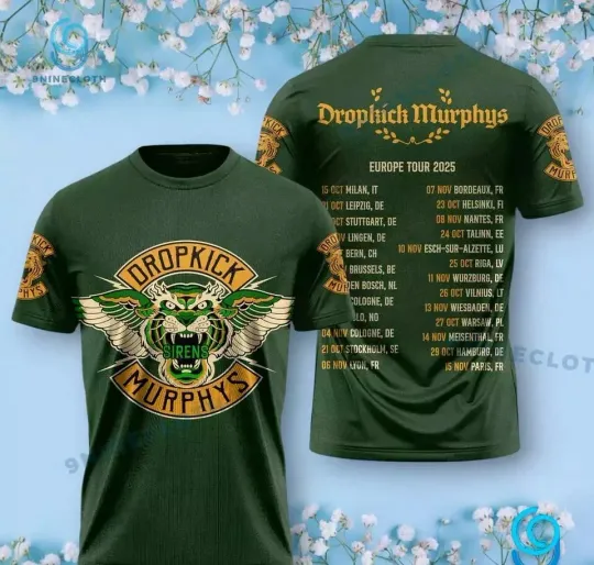 Discover Dropkick Murphys Tiger Sirens Europe Tour 2025 3D T-shirt 2025 Tour 3D T-Shirt