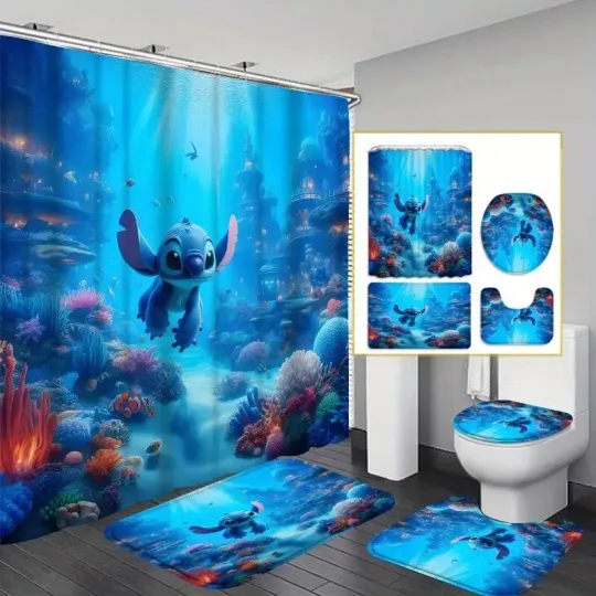Discover Disneyyy Stitchh The Shower Curtain Set, Cartoon Toilet Seat Cover Set