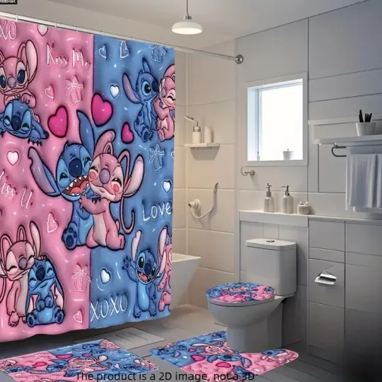 Discover Disneyyy Stitchh The Shower Curtain Set, Cartoon Toilet Seat Cover Set