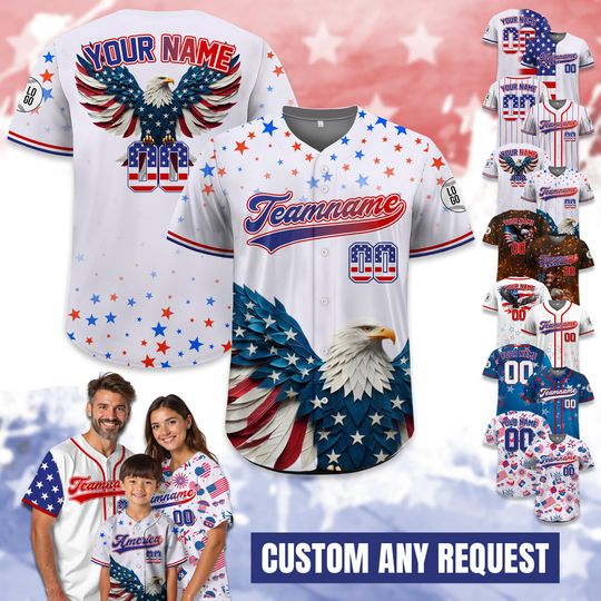 Discover Personalized Eagle American Baseball Jersey, Custom Name Patriotic Jersey USA Flag