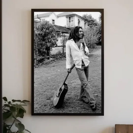 Discover Bob Marley Guitar Poster Print, Jamaican Reggae Singer Guitarist, Black and Whit