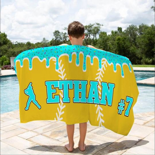 Discover Personalized Ice Cream Drip Softball Beach Towel For Boys, Drip Beach Towel