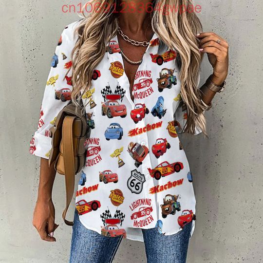 Discover Disneyyy carss Lightningg McQueenn Casual Long Sleeve Blouse Button Shirt
