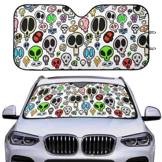 Discover Cartoon Skull Sunshade for Vehicles Colorful Space Alien Car Sun Shade Van Truc