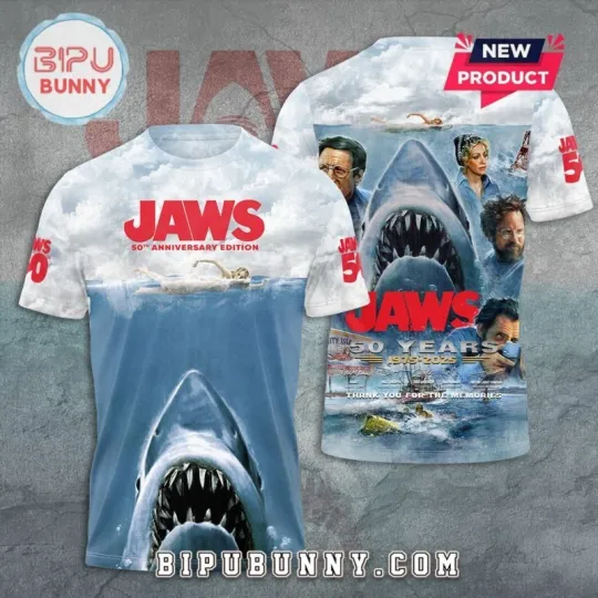 Discover Jaws 50Th Anniversary 1975-2025 3D All Over Printed T-Shirt For Fans