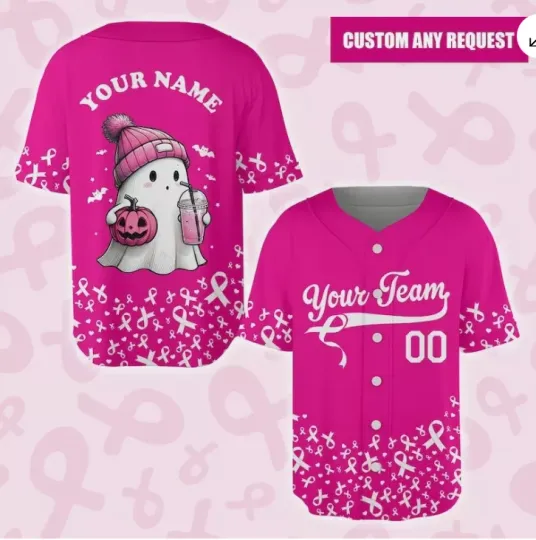 Discover Personalized Pink Ghost Halloween Breast Cancer 3D Baseball Jersey Shirt