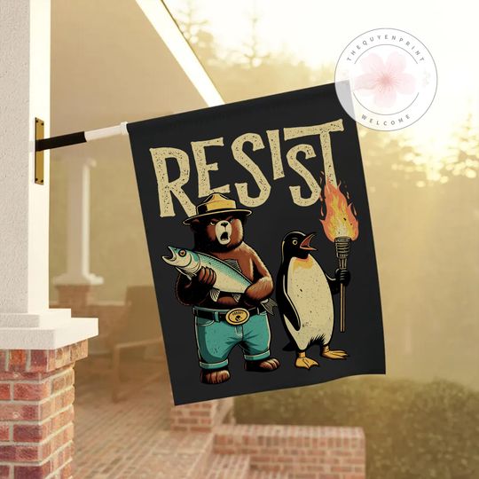 Discover Penguin And Bear RESIST House Flag, Flippers Up House Flag