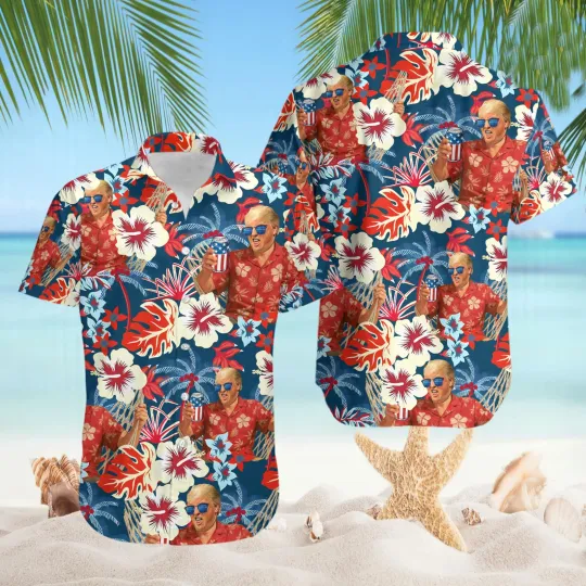 Discover Trump Beer Party In The USA Happy 4th of July Tropical Flowers Hawaiian Shirt