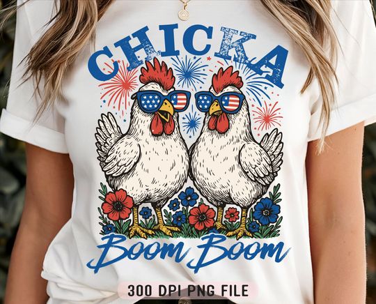 Discover Chicka Boom Boom, Funny Patriotic Chicken, 4th of July Humor Retro Farm  Shirt