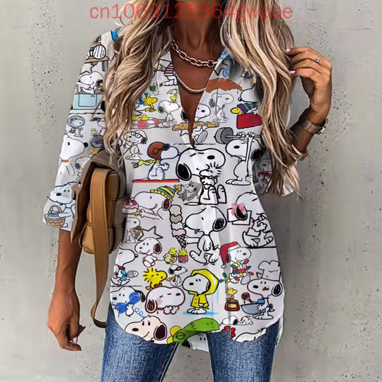 Discover Cartoon Snoopy Long Sleeve Women's Blouse Button Shirt