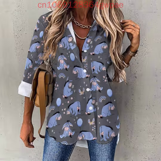 Discover Disneyyy winniee the poohh Casual Blouse Women's Long Sleeve Button Shirt