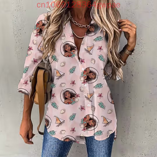 Discover Disneyyy moanaa Casual Long Sleeve Blouse Women's Button Shirt