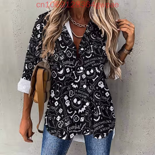 Discover Disneyyy Jackk Skellingtonn Casual Long Sleeve Blouse Women's Button Shirt