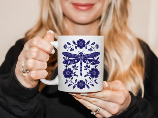 Discover Blue French Toile Style Subtle F*ck Trump And Elon Coffee Mug, Resistance Mug