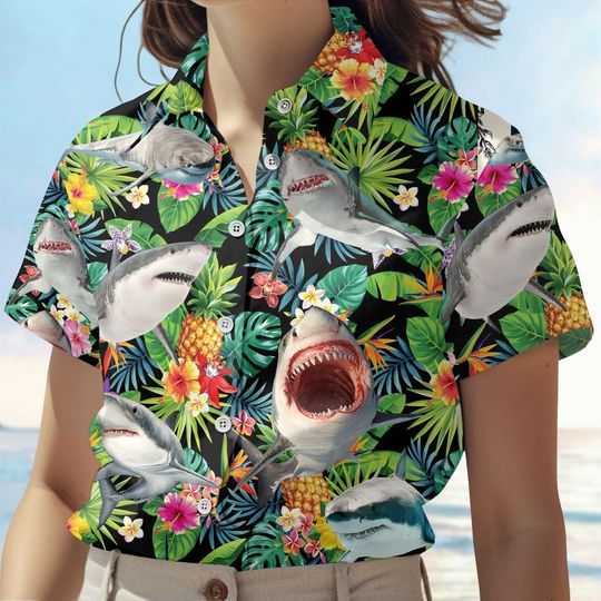 Discover Shark Button Shirt, Tropical Shark Hawaiian Shirt