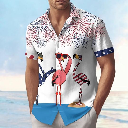 Discover 4Th Of July Flamingo Button Shirt, Patriotic Flamingo Hawaiian Shirt