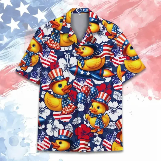 Discover 4th of July Shirt 2025 Duck American Flag Hawaiian Shirt