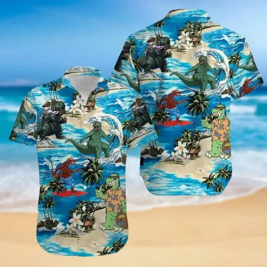 Discover god zilla Hawaiian Button Down Shirt Unisex Adults