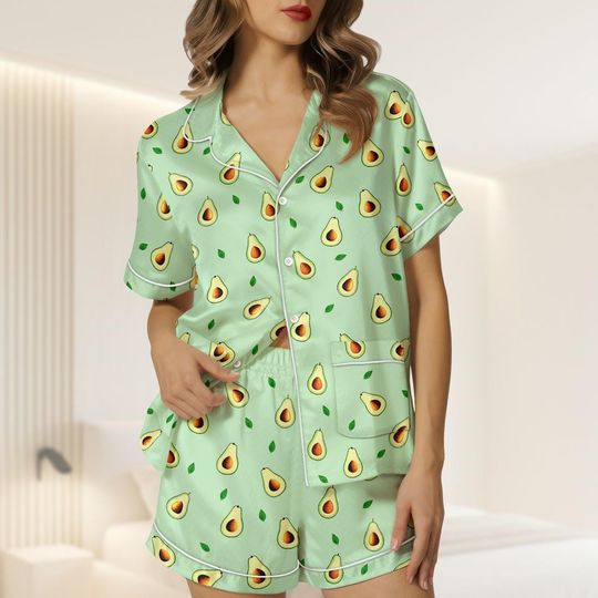 Discover Avocado Satin Pajamas Short Set, Cute Avocado Women Pajamas