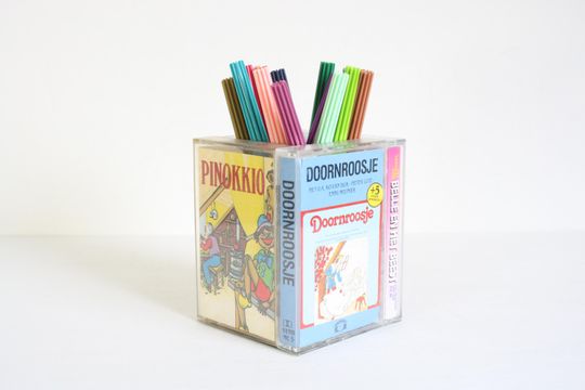 Discover Vintage Dutch fairy tales cassette tapes pen holder, or pencil box, office storage from the seventies