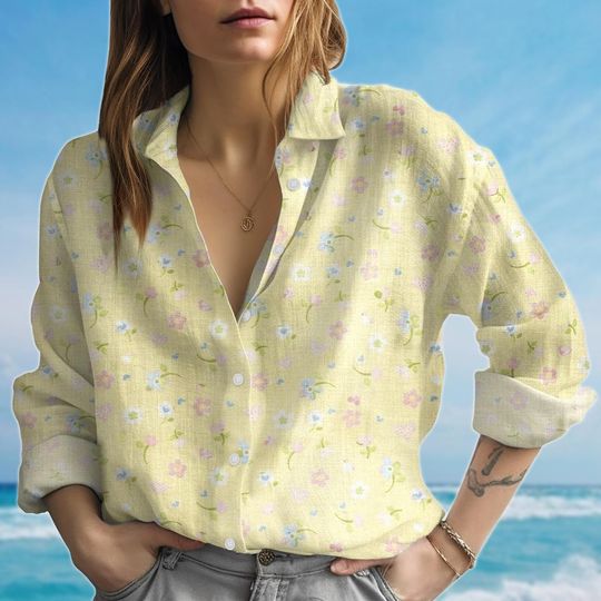Discover Floral Blouse Women Shirt, Yellow Pastel Cottagecore Shirt