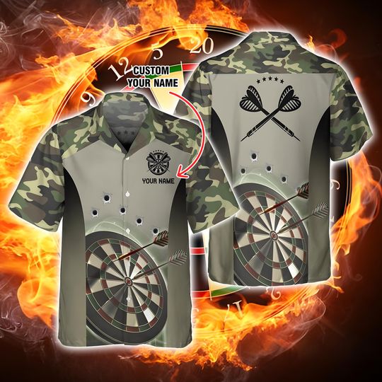Discover Custom Camo Darts Hawaiian Shirt, Custom Name Dartboard Shirt for Dart Players