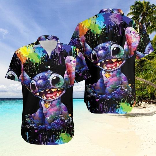 Discover Stitchh Hawaii Shirt, Splatter Art Hawaiian Shirt, Disneyyy Stitchh Button Gift