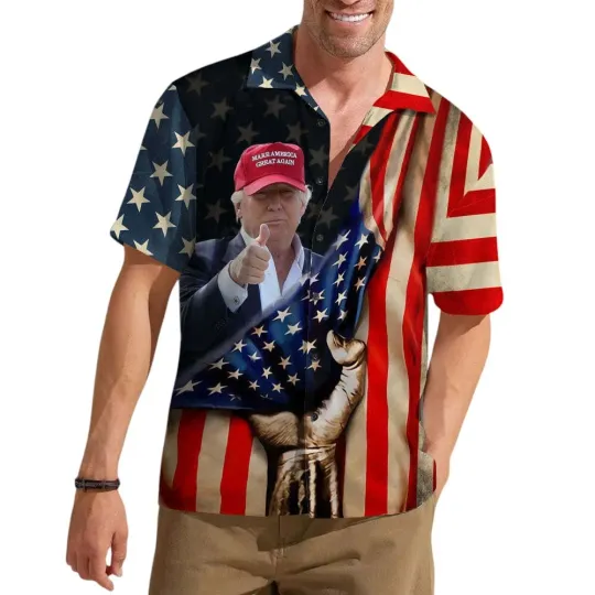 Discover Trump Thumb Up Make America Great Again American Flag Hawaiian Shirt