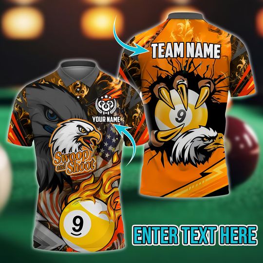 Discover Billiard Eagle Claw 9 Ball Firestorm American Flag Personalized Name, Team Name Polo Shirt
