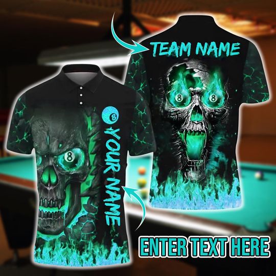 Discover Custom 3D Billiards Polo Shirt  8 Ball Skull and Fire | Custom Name and Team